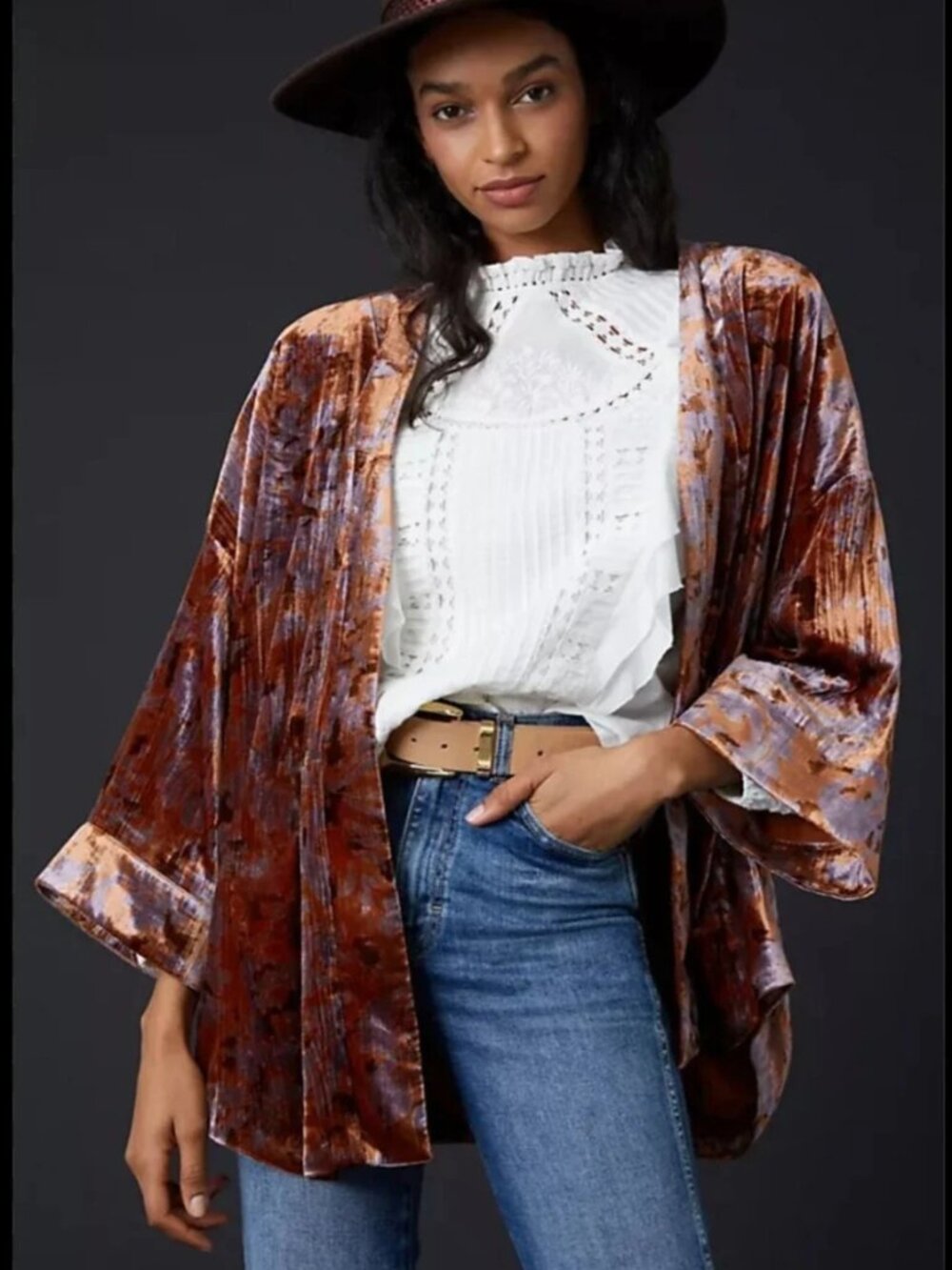 Anthropologie Esme Velvet Kimono Jacket Medium Copper Purple Witchy Romantic